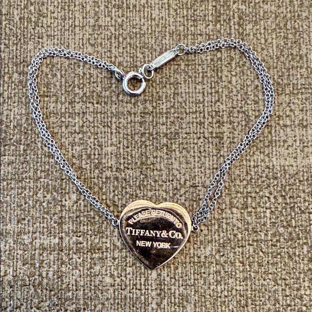 Tiffany & Co. Rose Gold Heart Bracelet with Sterling Silver Double Chain